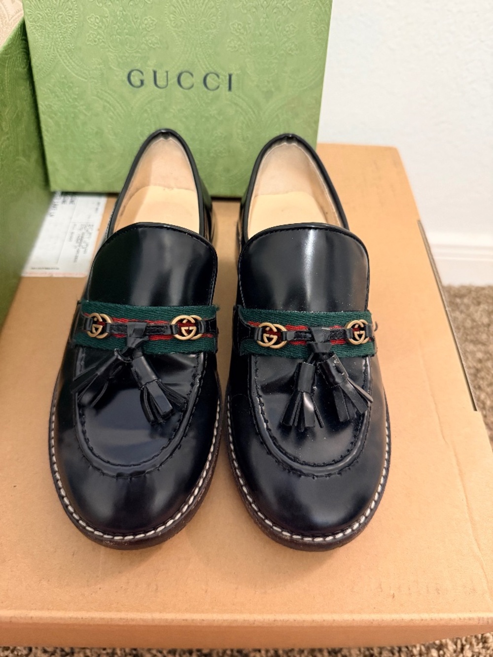 Gucci Kids Black Leather Tassel Web Loafers - Size 30 (With Box)